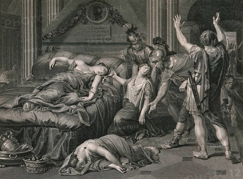 Roman soldiers discover Cleopatra lying dead on her bed with a snake in her left hand, Historical, digitally enhanced reproduction of an original from the period, The Suicide of Cleopatra