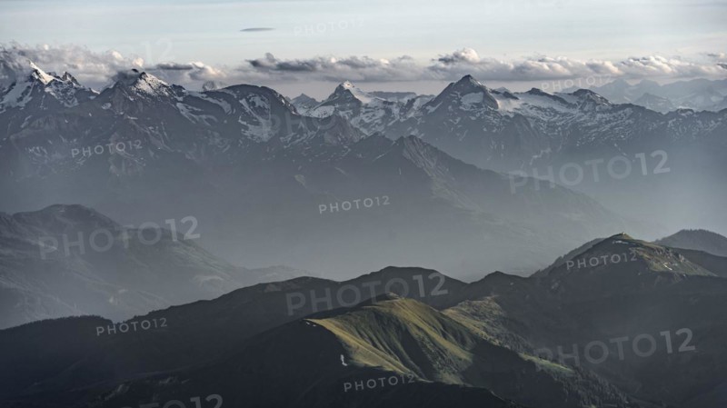 Evening mood, silhouettes, dramatic mountain landscape, view from Hochkönig, Salzburger Land, Austria, Europe
