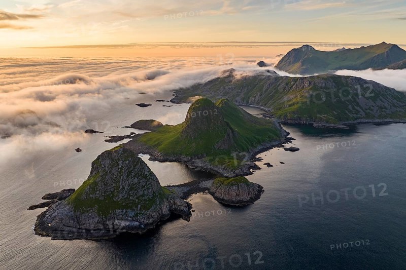 Islands in the sea, fjords and mountains, near Nykvag, Langoya island, Vesteralen archipelago, Norway, Europe
