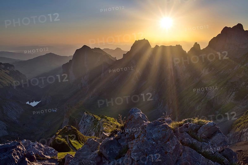 Alpstein mountains at sunrise, view of Seealpsee and Hoher Kasten mountain, Canton Appenzell Innerrhoden, Switzerland, Europe