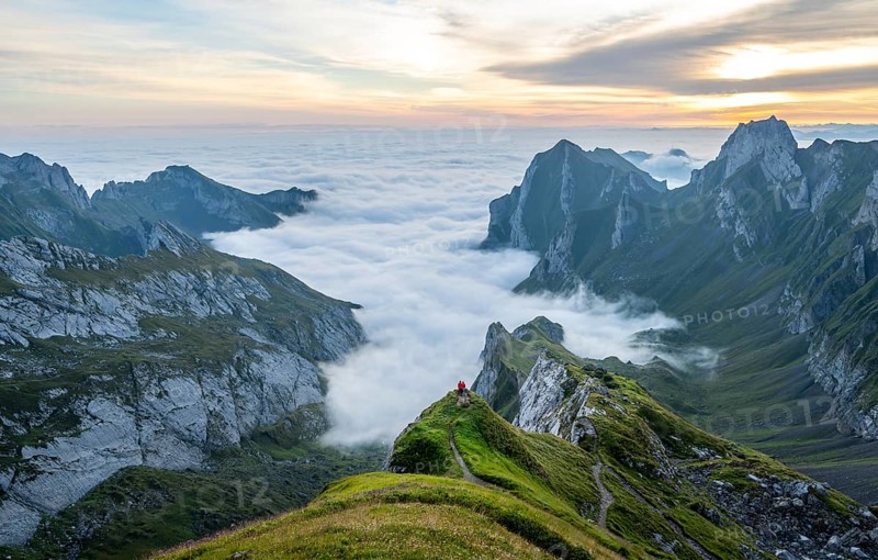 View over Säntis mountains into the valley of Meglisalp at sunrise, Rotsteinpass, high fog in the valley, Säntis, Appenzell Ausserrhoden, Appenzell Alps, Switzerland, Europe