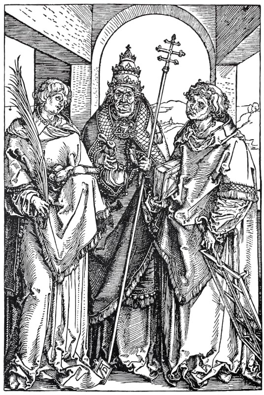 St.Stephen, St.Sixtus and St.Lawrence, woodcut by Albrecht Dürer, historical, digitally improved reproduction of an old woodcut