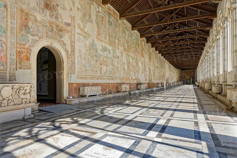 Arcades with frescoes, Camposanto Monumentale monumental cemetery, Miracles Square, Piazza dei Miracoli also Campo dei Miracoli, Piazza del Duomo, Pisa, Tuscany, Italy, UNESCO World Heritage Site, Europe