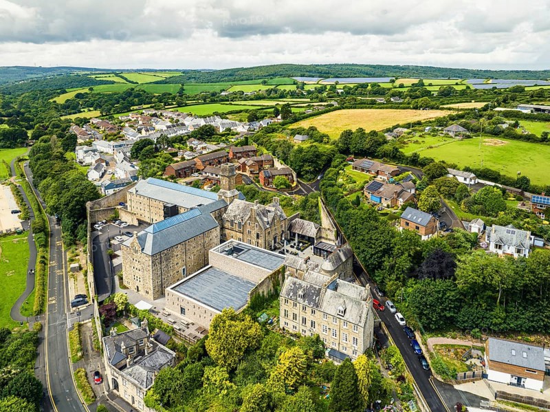 Bodmin Jail and Bodmin Luxury Hotel from a drone, Bodmin Moor, Cornwall, England, UK