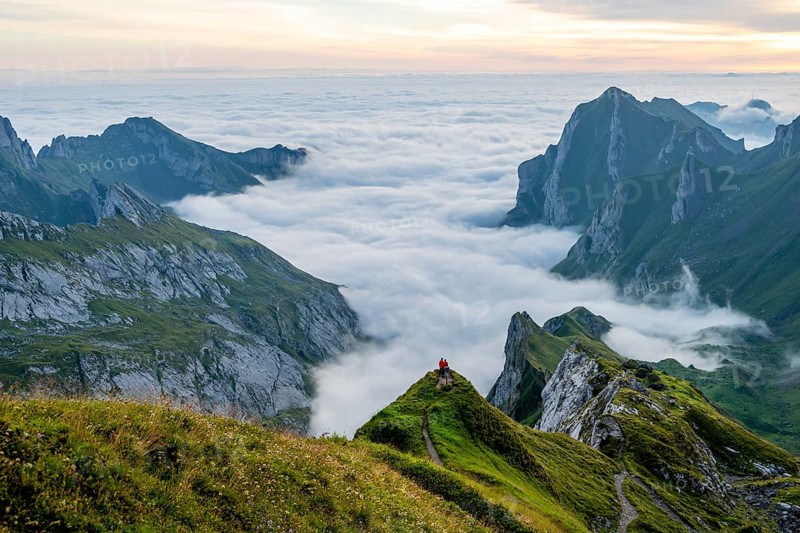 Two hikers enjoying the view over the Säntis mountains into the valley of Meglisalp at sunrise, high fog in the valley, Säntis, Appenzell Ausserrhoden, Appenzell Alps, Switzerland, Europe