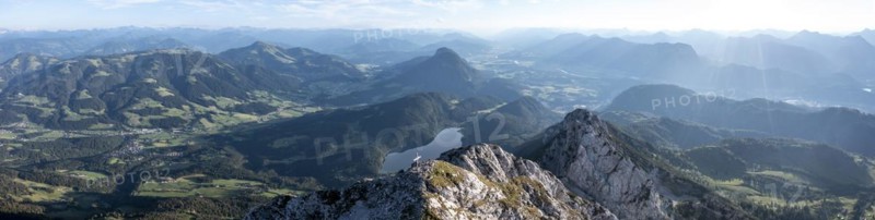 Alpine panorama, aerial view, evening mood in the mountains, Schaffauer and Hintersteiner lakes, Wilder Kaiser, Tyrol, Austria, Europe