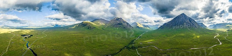 Panorama of The Buachaille or Buachaille Etive MÃ²r and River Coupall from a drone, Glen Etive and River Etive, Highlands, Scotland, UK