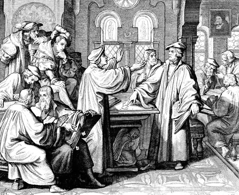 Martin Luther's Conversation with Zwingli on the Question of the Sacraments, Marburg Castle, interior, theologians, dispute, Swiss Reformer, Protestantism, Landgrave, group, religion, Christianity, 16th century, historical illustration c. 1860