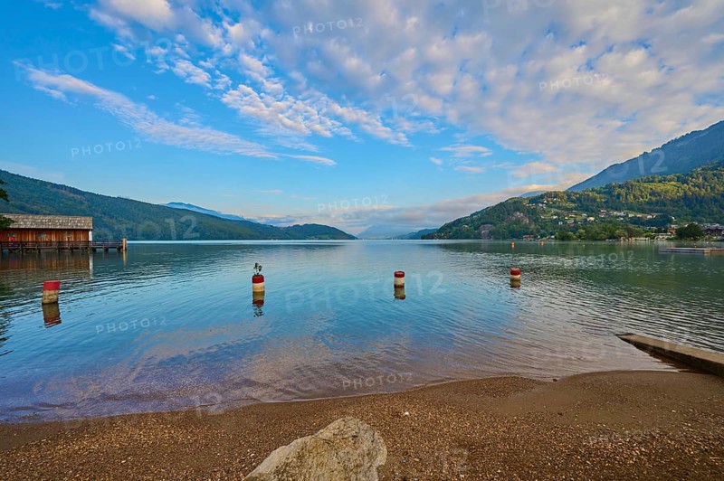 Lake shore, reflection, boathouse, sky, clouds, sunrise, summer, Lake Millstatt, Döbriach, Carinthia, Austria, Europe