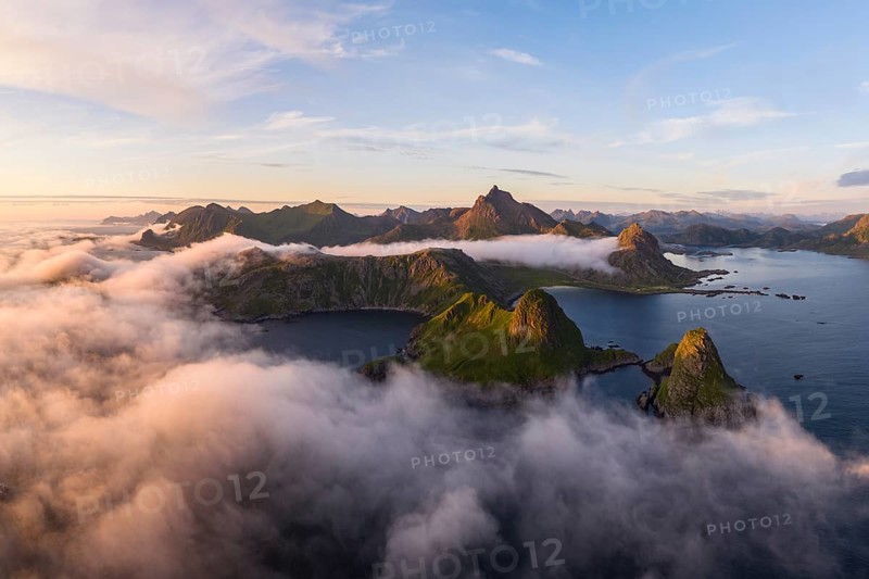 Coast, fjords and mountains, Mount Trehyrna, near Nykvag, Langoya island, Vesteralen archipelago, Norway, Europe