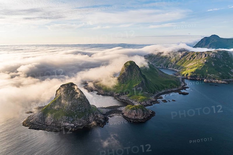 Islands in the sea, fjords and mountains, near Nykvag, Langoya island, Vesteralen archipelago, Norway, Europe