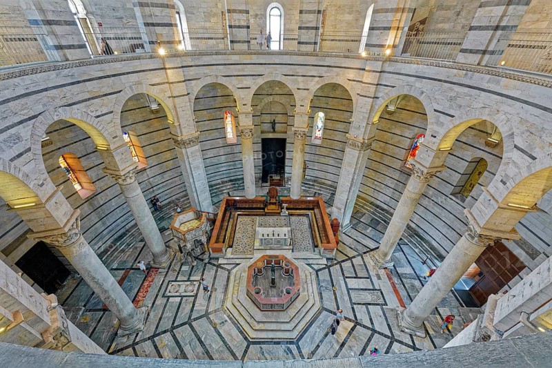 View from balustrade into the Baptistery, Battistero di Pisa, Miracles Square, Piazza dei Miracoli also Campo dei Miracoli, Piazza del Duomo, Pisa, Tuscany, Italy, UNESCO World Heritage Site, Europe