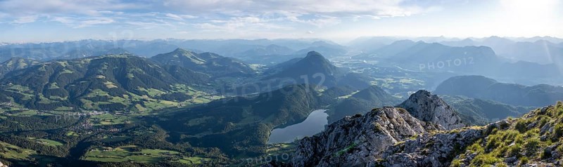 Alpine panorama, evening mood View from Scheffauer of Hintersteiner See and Inntal, Kaisergebirge, Wilder Kaiser, Kitzbühler Alps, Tyrol, Austria, Europe