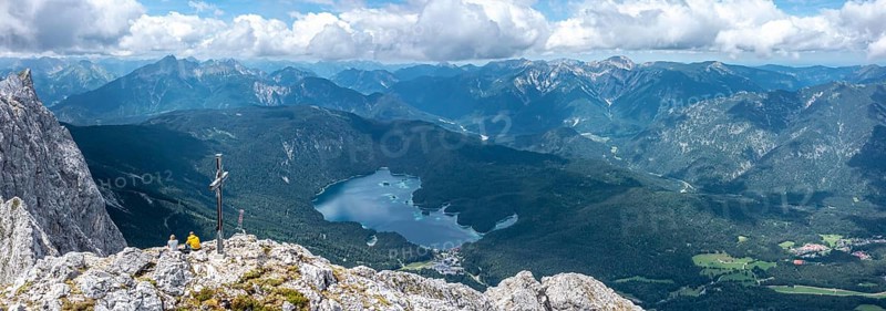 Aerial view, summit cross of the Waxenstein, Eibsee lake and Wetterstein mountains, Garmisch-Patenkirchen, Bavaria, Germany, Europe