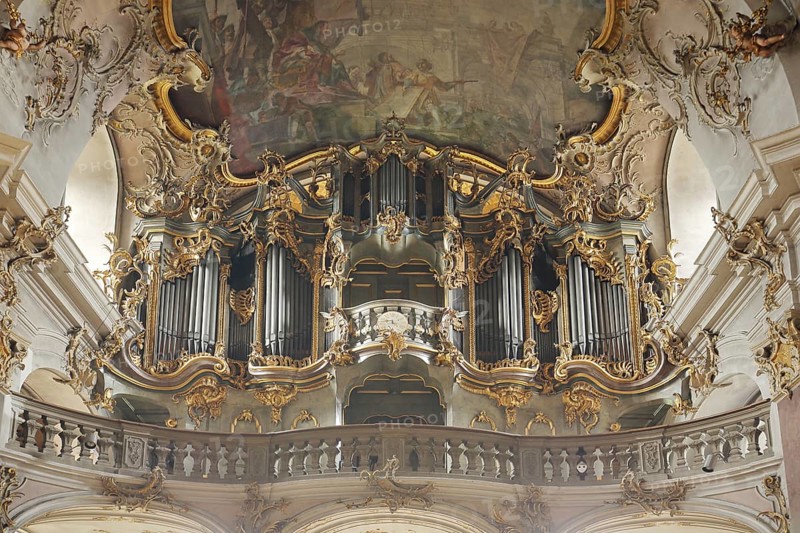 Organ of the baroque pilgrimage church Mariä Heimsuchung Käppele, interior view, ornaments, magnificent, painting, decorations, ceiling fresco, arts and crafts, gallery, parapet, Würzburg, Lower Franconia, Franconia, Bavaria, Germany, Europe