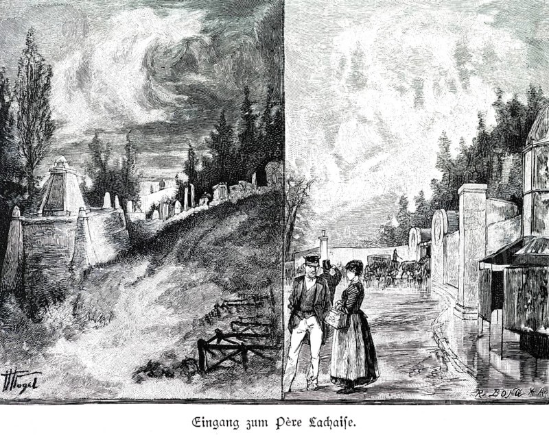 Entrance to the Cimetière du Père Lachaise, park cemetery, Paris, gravestones, horse-drawn carriage, people, path, two pictures, France, historical illustration c. 1898, Europe