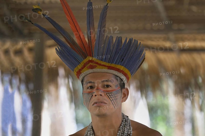 Tuyuca native man with a traditional feather hat, Manaus, Amazonia State, Brazil, South America
