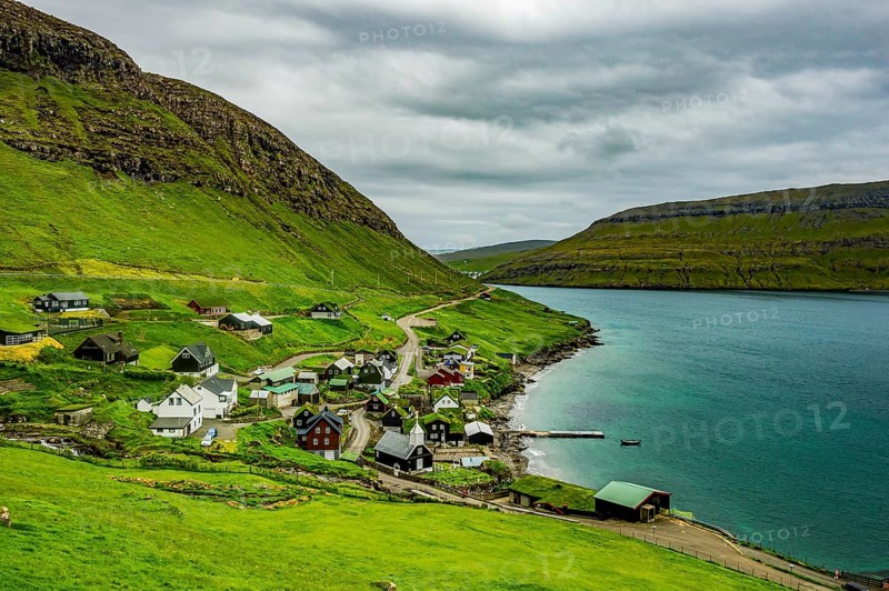 Bour village with many grasstop roofs, Vagar, Faroe islands, Denmark, Europe
