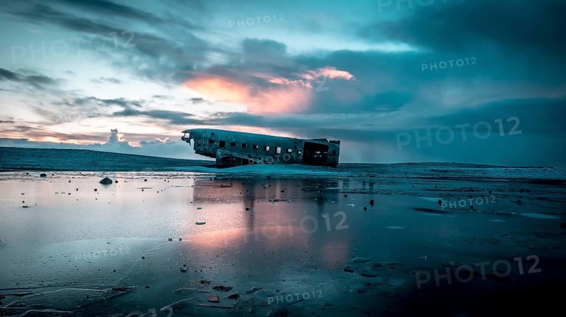 Plane crashed on frozen Solheimasandur beach in winter with snow in Iceland