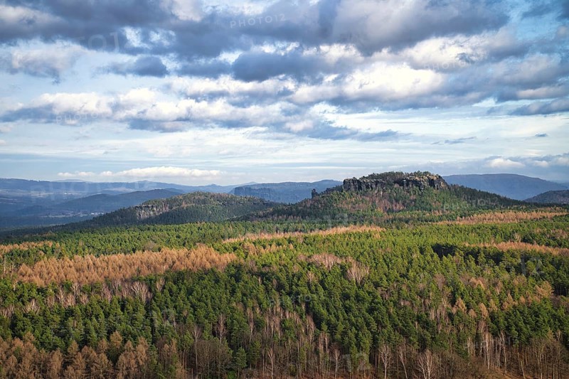 View from the Pfaffenstein. Forests, mountains, vastness, panorama. Landscape from the Elbe Sandstone Mountains