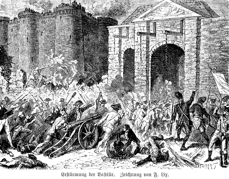 Marie Antoinette, 1789 storming of the Bastille, Queen Marie Antoinette, Versailles, cannons, soldiers, city wall, revolution, flag, 18th century, history, historical illustration 1894