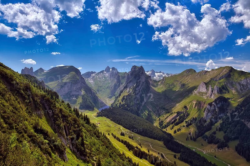 View of Alpstein with mountains Altmann and Säntis, Appenzell Alps, Canton Appenzell Innerrhoden, Switzerland, Europe