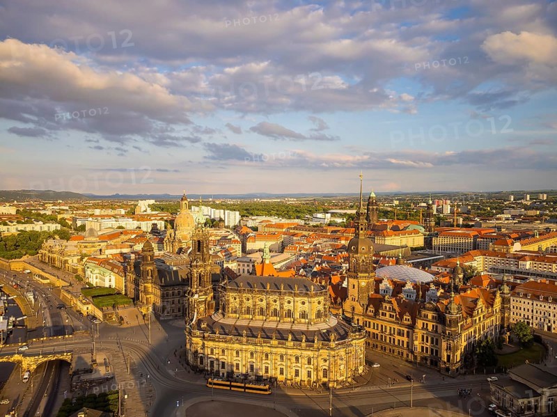 Old town of Dresden with the famous towers. in the foreground the Catholic Court Church