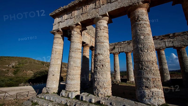 Evening light, Doric temple, Segesta, Super wide angle shot, Ancient site, Archaeological site, Doric, Trapani province, Sicily, Italy, Europe