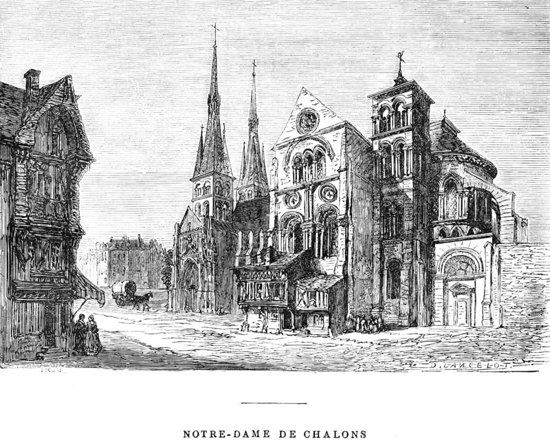 Church Notre-Dame de Châlons-en-Champagne, Champagne countryside, France, Le Rhin, Victor Hugo, historical illustration c. 1843, Europe