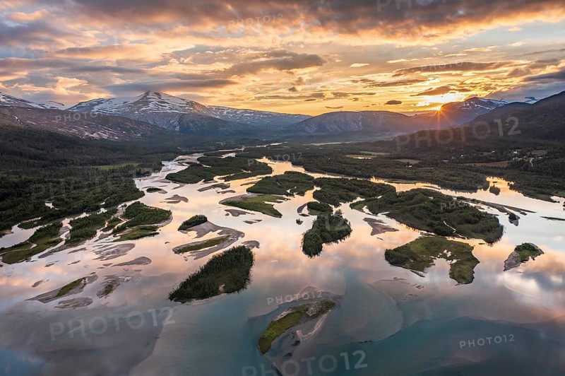 Aerial view, river delta with islands and mountains, river Glomaga, Mo i Rana, Norway, Europe