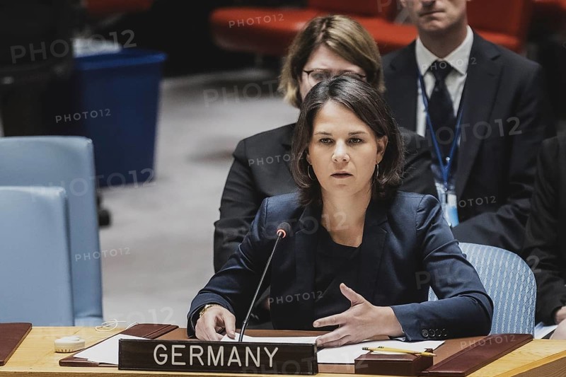 Annalena Bärbock (Bündnis 90 Die Grünen), Federal Minister for Foreign Affairs, photographed at the UN Security Council Meeting and Consultation on the Situation in Ukraine in New York City, 17.07.2023. Annalena Bärbock travels to New York to attend the ceremony marking the 25th anniversary of the Rome Statute of the International Court of Justice., New York City, United States, North America