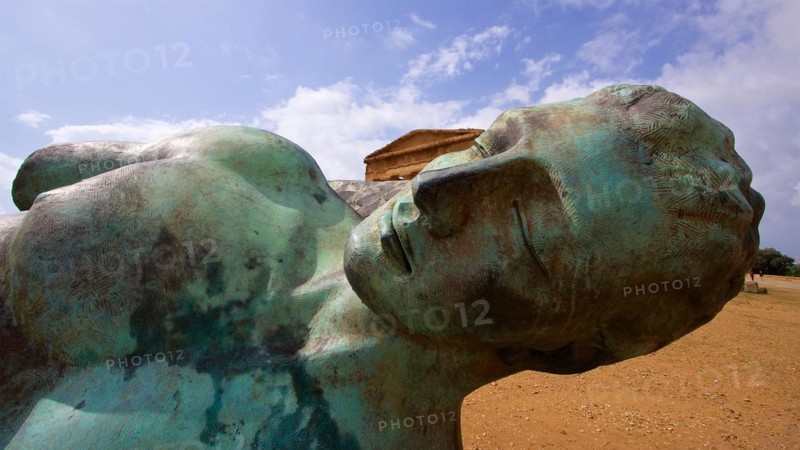 Bronze statue of fallen Icarus, deatil, head, Concordia temple, valley of the temples, valle dei templi, Agrigento, Sicily, Italy, Europe