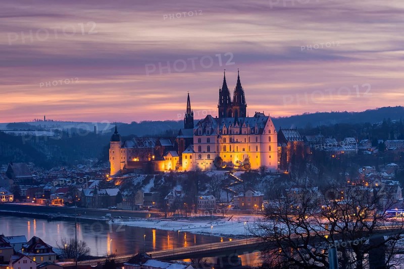 View from the Proschwitz Winery of Meissen Castle Hill with Albrechtsburg Castle, Bishop's Palace and Cathedral