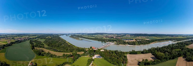 Drone shot, Inn power plant Ering Frauenstein, Frauenstein Castle, Mining, Inn, Innviertel, Upper Austria, Austria, Germany, Europe
