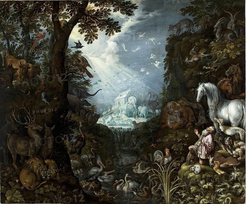 The animals gather in front of the ark, Noah's ark was, according to the biblical book of Genesis, a buoyant box built by the patriarch Noah, Painting by Roelant Savery, Historic, digitally restored reproduction from an original of the time
