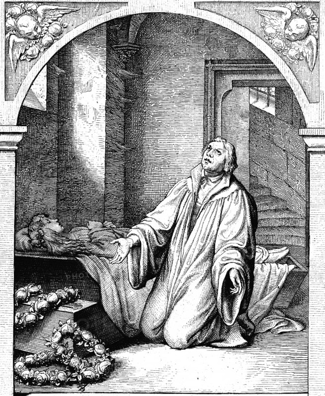 Martin Luther at the coffin of his young 14 year old daughter Magdalene, room, family, light, stairs, view, wreath, mourning, despair, faith, religion, Protestantism, year 1542, 16th century, historical illustration c. 1860
