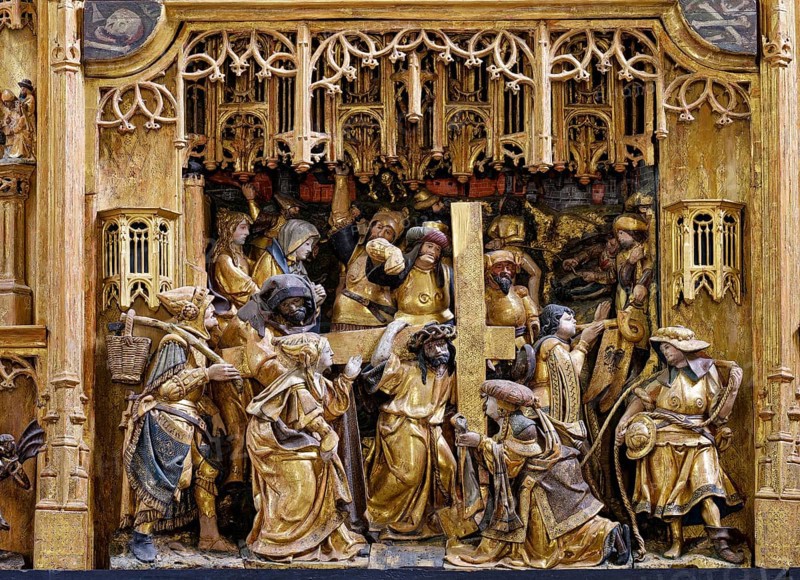 Carrying of Jesus on the Cross, detail of carved winged altar, work of the Lukas Guild Antwerp, late Gothic, Sankt Lambertus, Affeln, Neuenrade, Märkischer Kreis, Sauerland, North Rhine-Westphalia, Germany, Europe