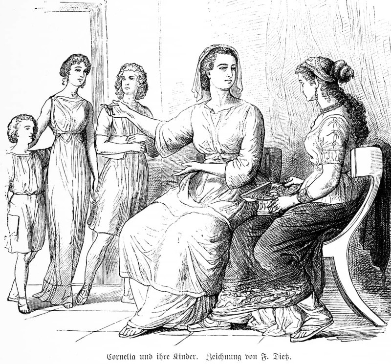 Roman Cornelia and her children, ancient Rome, portrait, hellinistic education, children, widow, daughter, two sons, important woman, chairs, sitting, conversation, two woman, about 150 BC, history, historical illustration 1894