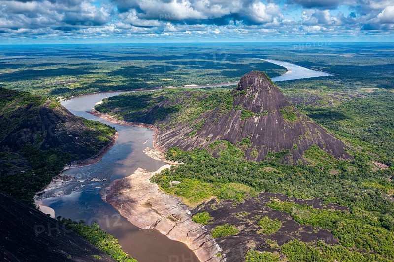 Aerial of the huge granite hills, Cerros de Mavecure, Eastern Colombia