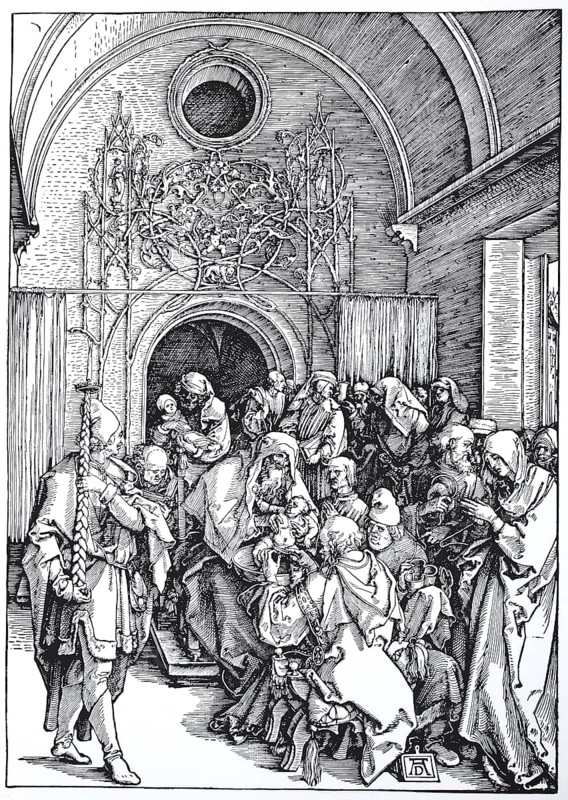 Picture cycle From the Life of the Virgin, the Circumcision, woodcut by Albrecht Dürer, historical, digital improved reproduction of an old woodcut