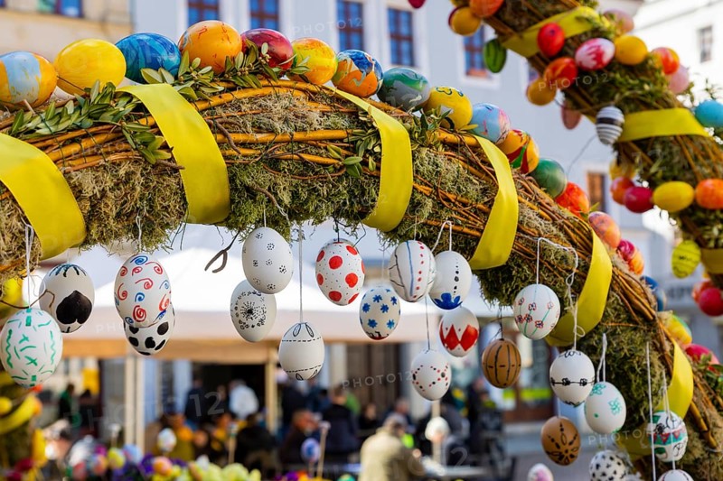The old town of Pirna decorated for Easter. Since reunification, numerous historically valuable buildings have been renovated in an exemplary manner