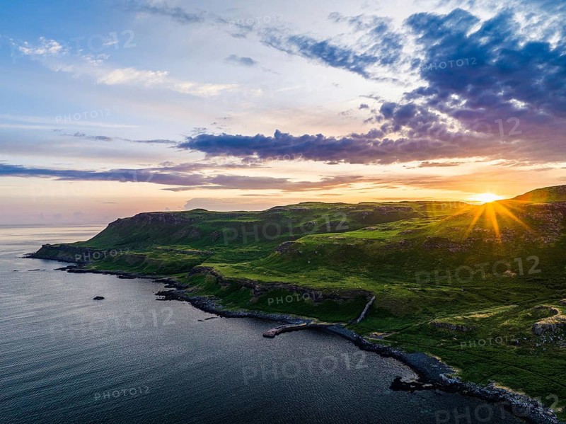 Sunset over Calgary Beach and Bay from a drone, Isle of Mull, Scottish Inner Hebrides, Scotland, UK