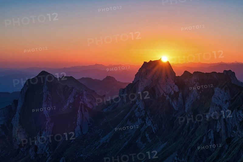 Alpstein Mountains at sunrise, view of Mount Hoher Kasten, Canton Appenzell Innerrhoden, Switzerland, Europe