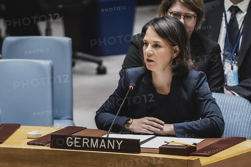 Annalena Bärbock (Bündnis 90 Die Grünen), Federal Minister for Foreign Affairs, photographed at the UN Security Council Meeting and Consultation on the Situation in Ukraine in New York City, 17.07.2023. Annalena Bärbock travels to New York to attend the ceremony marking the 25th anniversary of the Rome Statute of the International Court of Justice., New York City, United States, North America