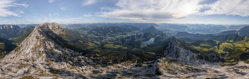 Alpine panorama, aerial view, evening mood in the mountains, view of Schaffauer with Hintersteiner See, Wilder Kaiser, Tyrol, Austria, Europe
