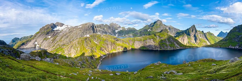 Panorama, mountain landscape with lake Tennesvatnet and Fjerddalsvatnet, at sunrise, in the back peak of Hermannsdalstinden, Moskenesoya, Lofoten, Nordland, Norway, Europe