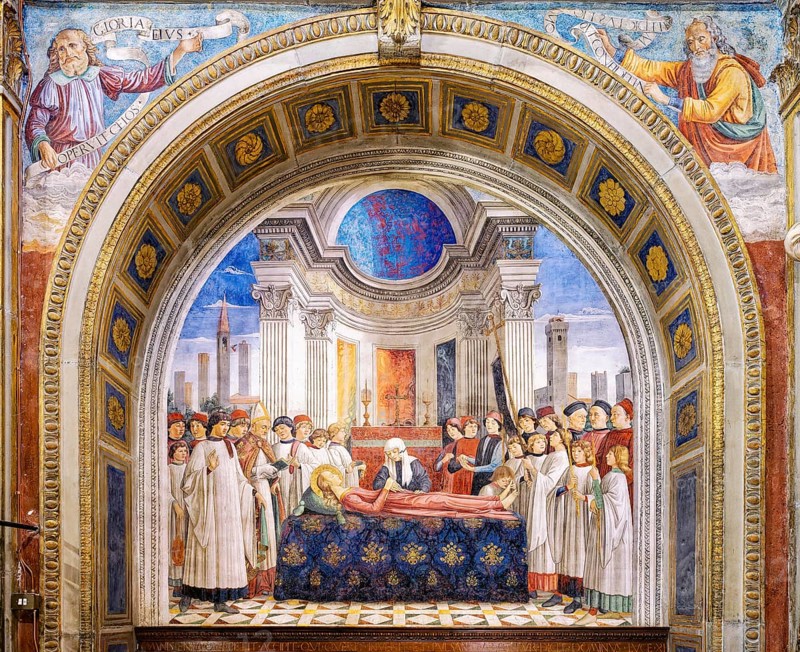Burial of Saint Fina in San Gimignano, Fina da San Gimignano, patron saint of the town, chapel, Cappella Santa Fina, fresco by Domenico Ghirlandaio, Collegiata di Santa Maria Assunta also Duomo di San Gimignano, San Gimignano, Province of Siena, Tuscany, Italy, UNESCO World Heritage Site, Europe