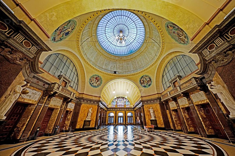 Foyer with glass dome in the spa hotel and Casino in the evening, Wiesbaden, Hesse, Germany, Europe