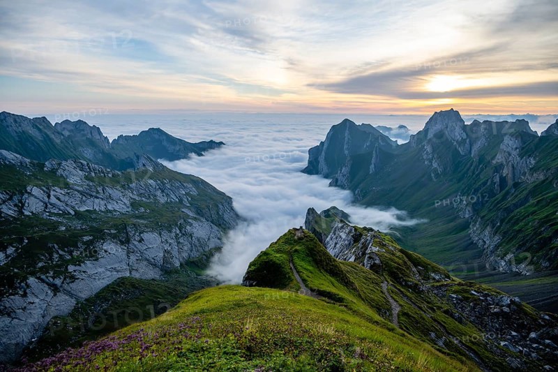Alpstein, valley of Meglisalp at sunrise, high fog in the valley, Säntis, Appenzell Ausserrhoden, Appenzell Alps, Switzerland, Europe