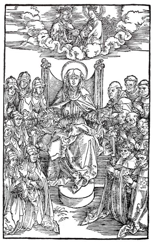 Illustrations to the Revelations of St. Bridget, St. Bridget divides her work between nuns and monks, woodcut by Albrecht Dürer, historical, digitally improved reproduction of an old woodcut